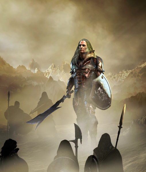 Close‑up of an armored Nephilim Anakim warrior holding a scarap blade and shield in a misty mountain landscape