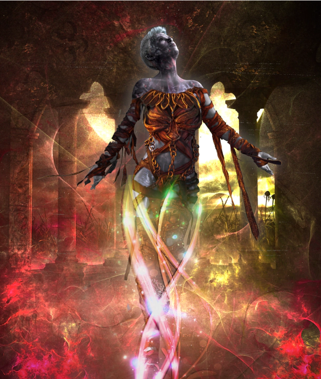 Dark fantasy sorceress with ash-grey skin, crimson ritual wrappings, and swirling arcane energy