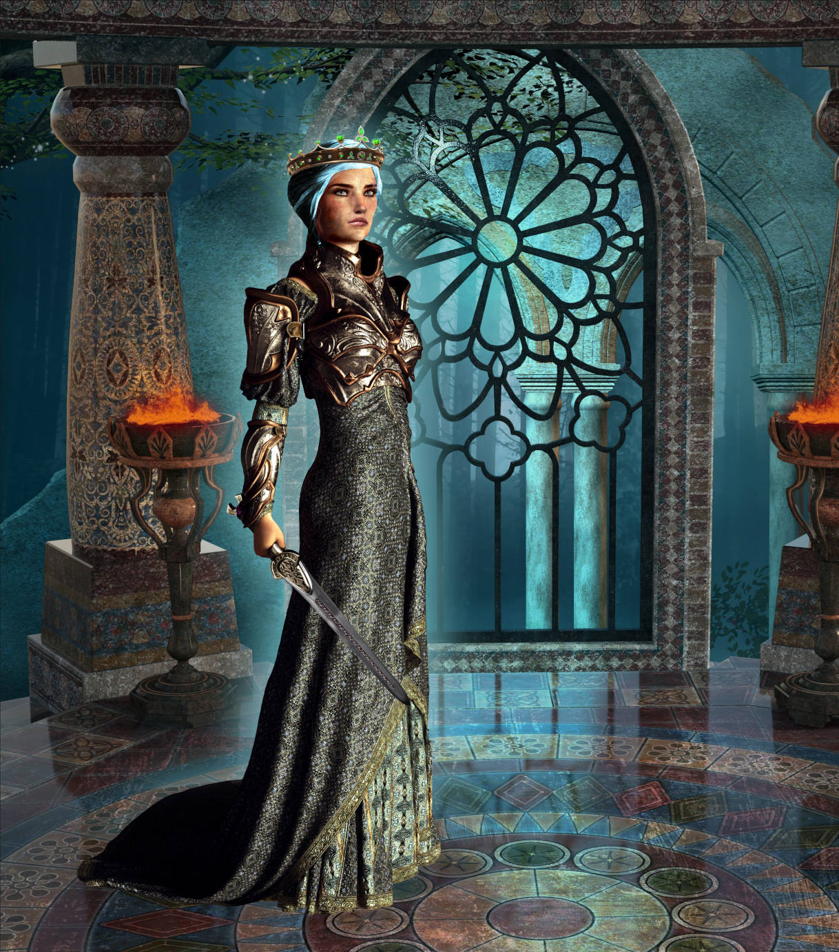 Illustration of Sarscha Todralan, the Imperium’s marshal and future Imperatrix, standing in dark armour with a commanding, battle‑worn presence.