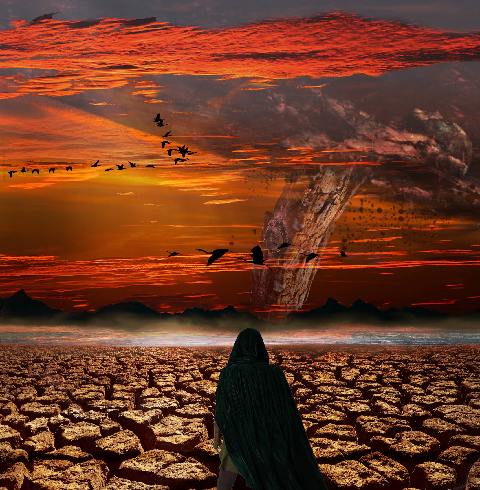 A lone cloaked figure stands on cracked desert ground, facing distant mountains and a colossal, half‑transparent structure descending from a fiery red sky
