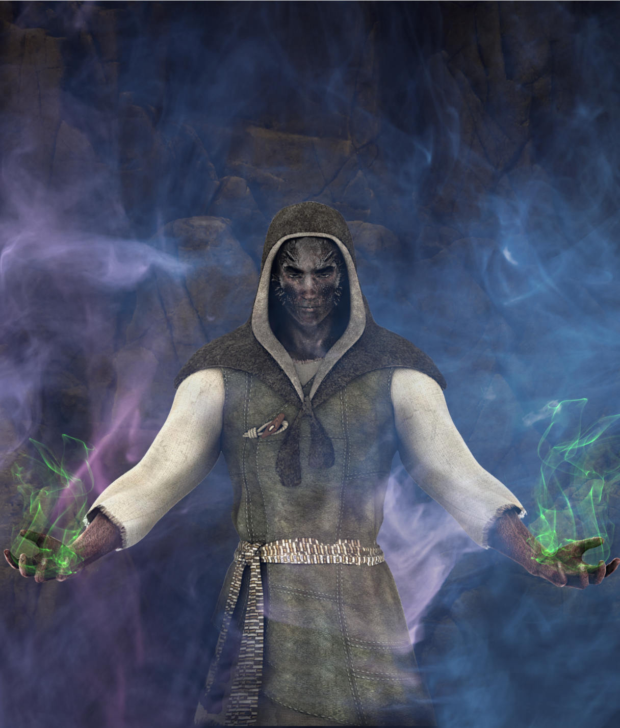 Hooded undead figure with horns and scaled skin channeling green magical energy in both hands