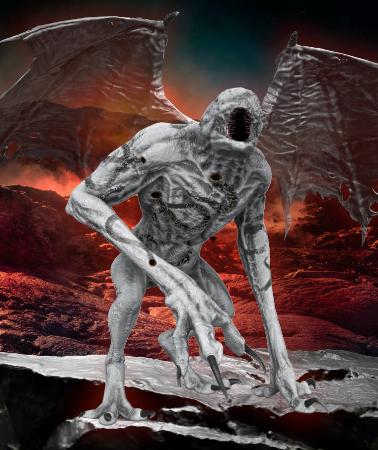 A towering souleater with a pale, muscular body, elongated limbs, and tattered bat‑like wings standing on cracked volcanic rock against a fiery landscape