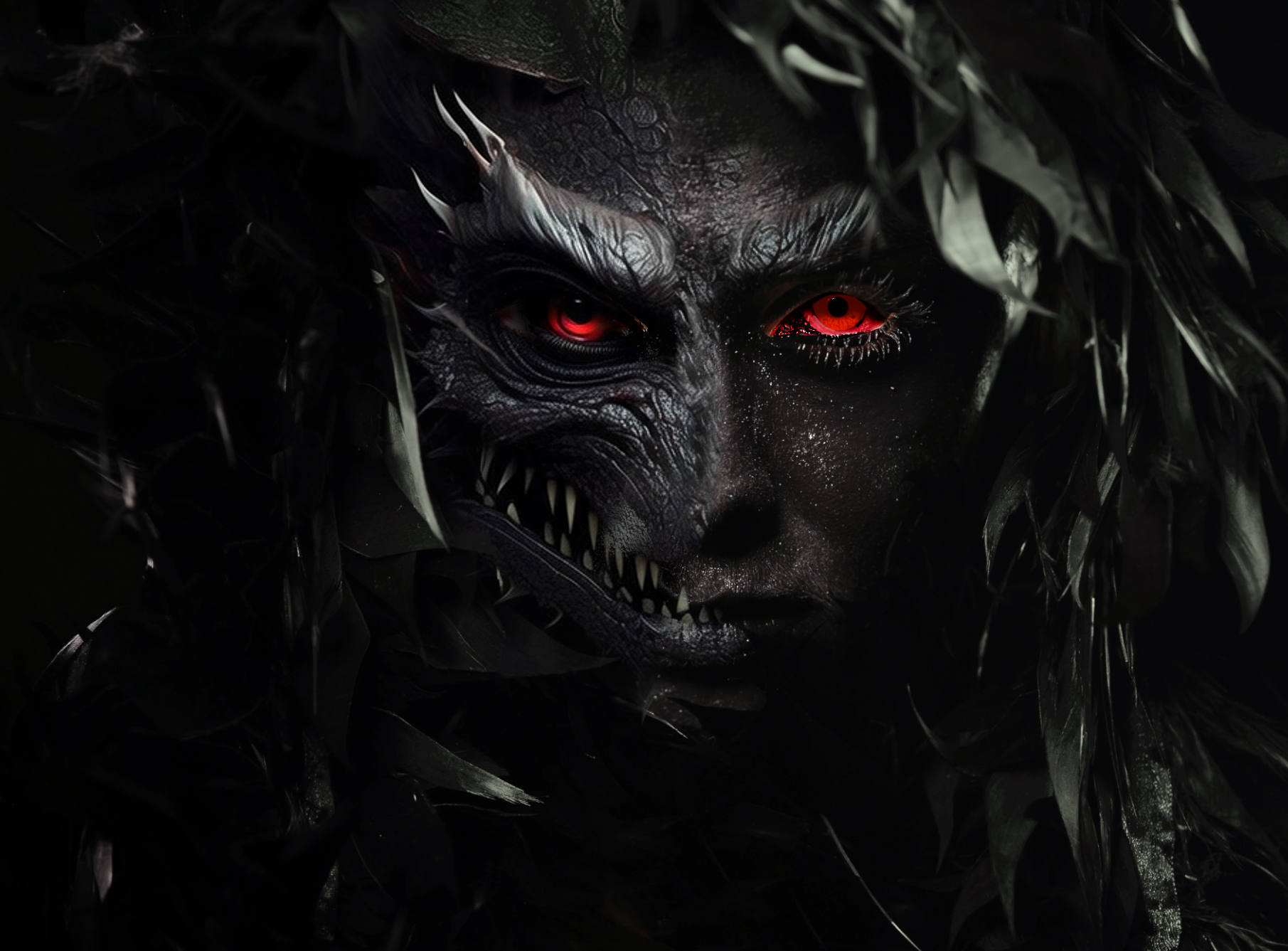 Undead woman with dark, scaled skin and glowing red eyes