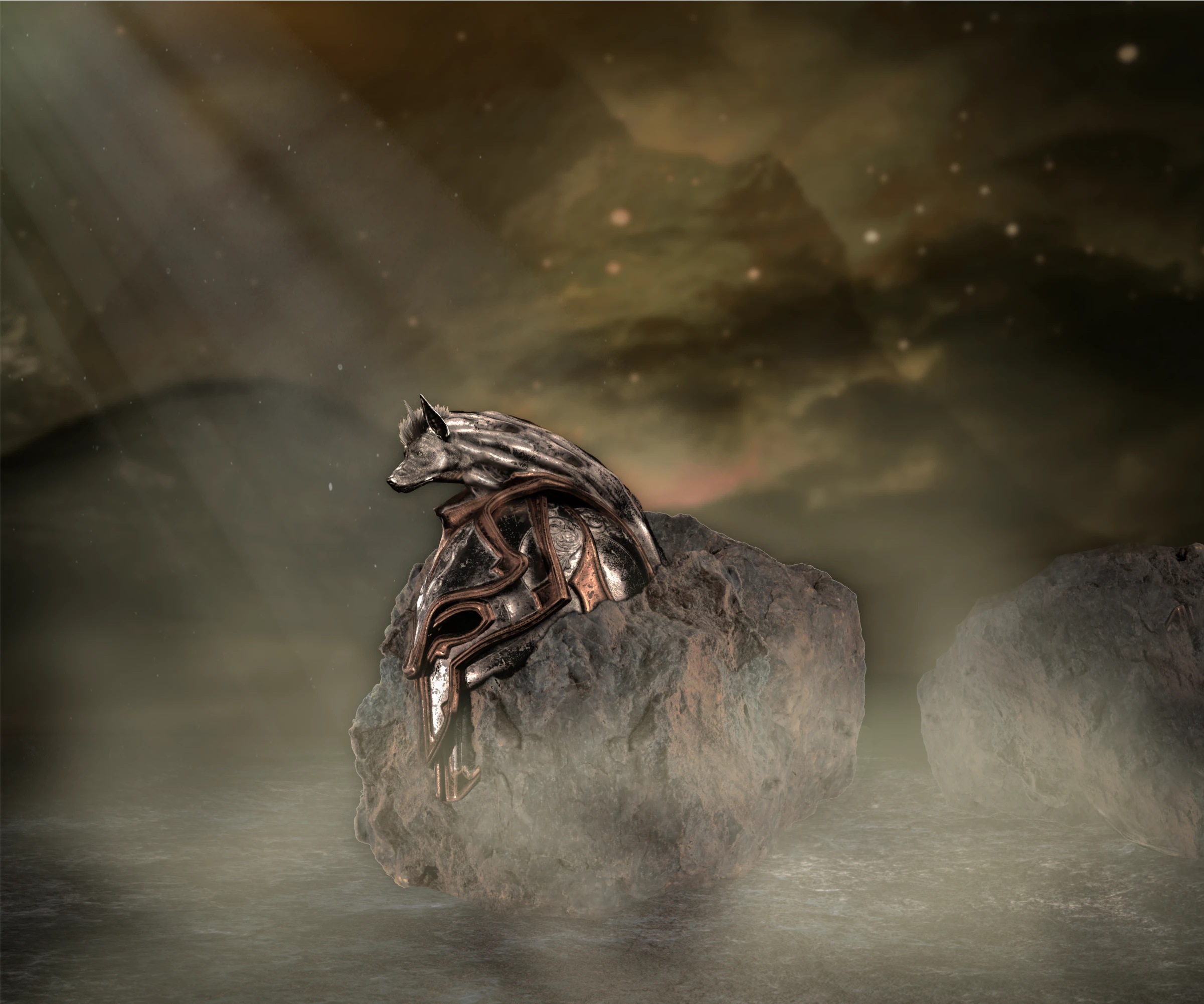 Metal wolf‑crested ceremonial helm embedded in a rock in a mist‑filled landscape