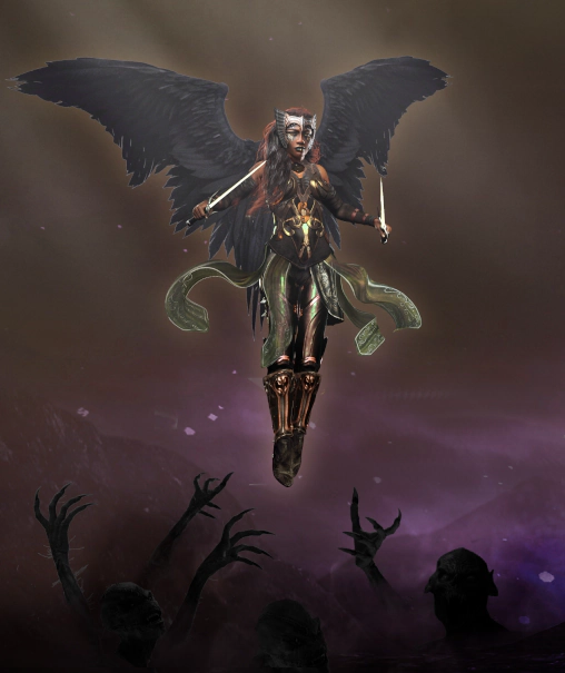 A dark fantasy angel with black wings and gold‑toned armor hovers above a misty purple landscape, illuminated from above while shadowy figures reach upward from the fog below