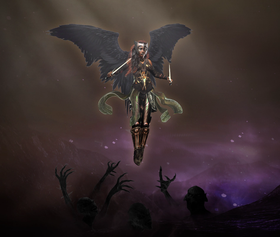 A dark fantasy angel with black wings and gold‑toned armor hovers above a misty purple landscape, illuminated from above while shadowy figures reach upward from the fog below