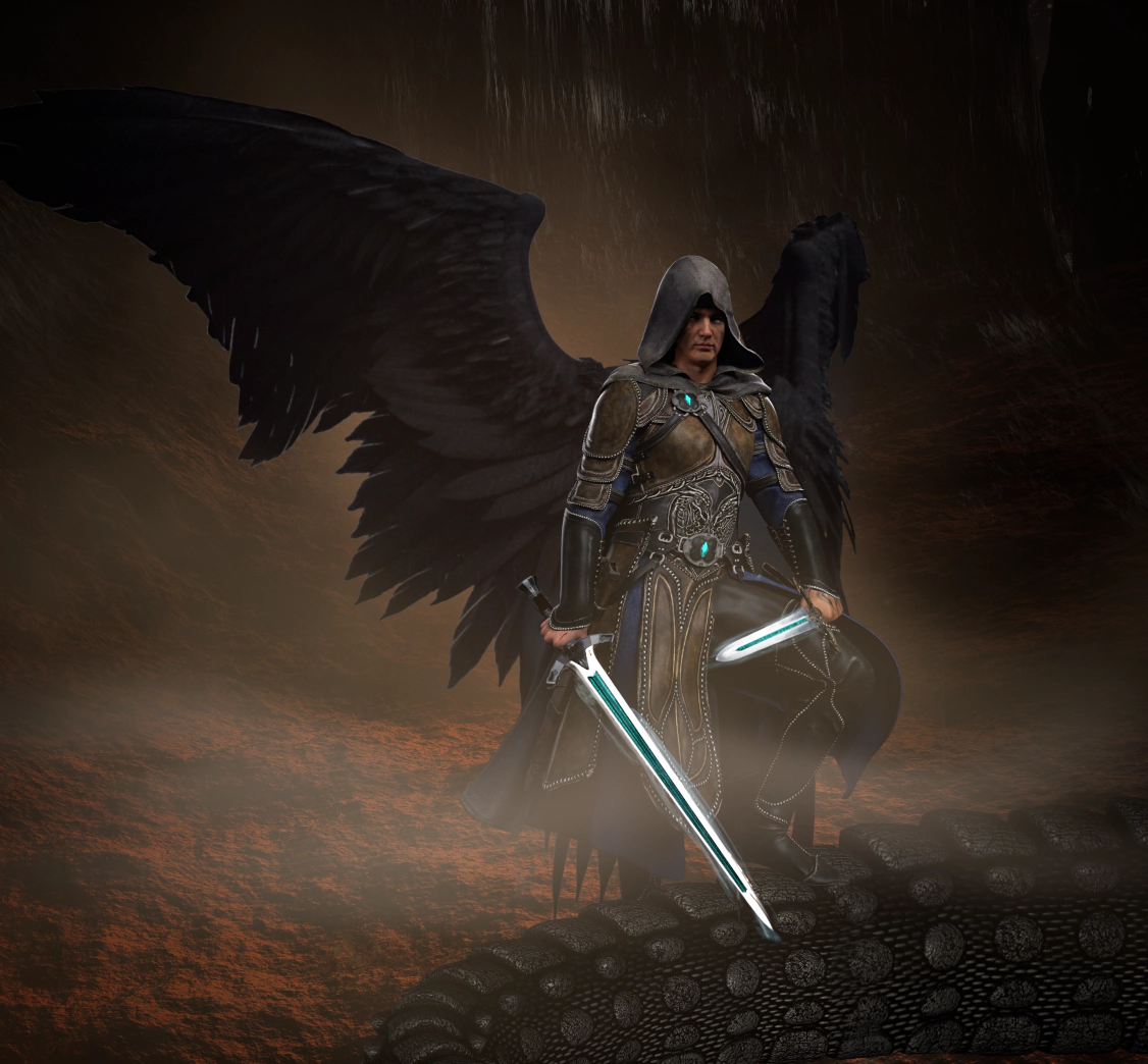 A winged warrior clad in ornate armor, holding twin glowing blades while standing upon a gigantic scaled beast