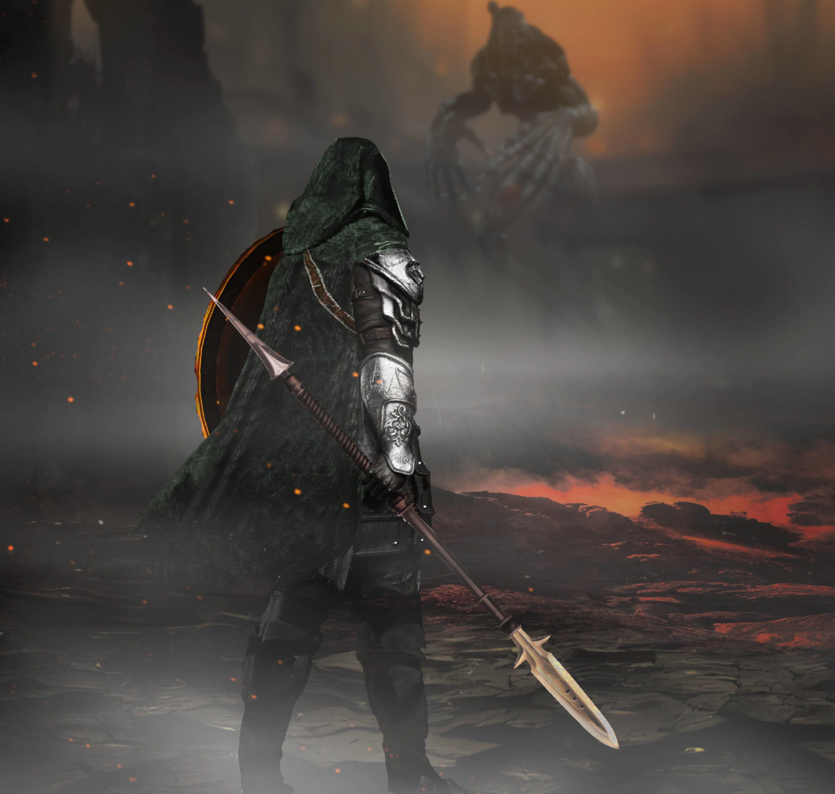 A Greencloak warrior standing in a scorched battlefield, spear raised, facing a distant monstrous figure emerging from smoke and fire