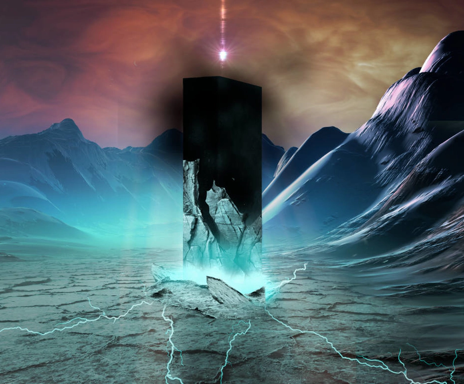 A colossal black pillar of Darklight standing in a barren border-realm between existence and Tartaros, surrounded by broken stone, blue energy, and distant mountains beneath an alien sky